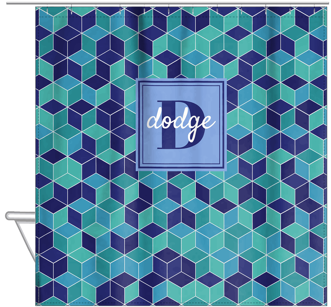 Personalized Cube Shower Curtain - Shades of Blue - Square Nameplate - Hanging View