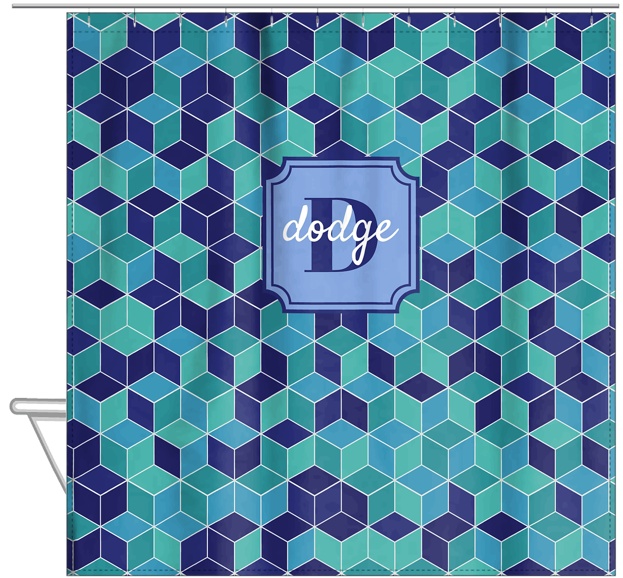 Personalized Cube Shower Curtain - Shades of Blue - Stamp Nameplate - Hanging View