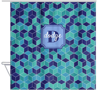 Thumbnail for Personalized Cube Shower Curtain - Shades of Blue - Stamp Nameplate - Hanging View