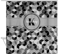 Thumbnail for Personalized Cube Shower Curtain - Shades of Grey - Circle Ribbon Nameplate - Hanging View