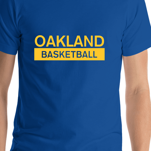 Custom Oakland Basketball T-Shirt - Blue - Shirt Close-Up View