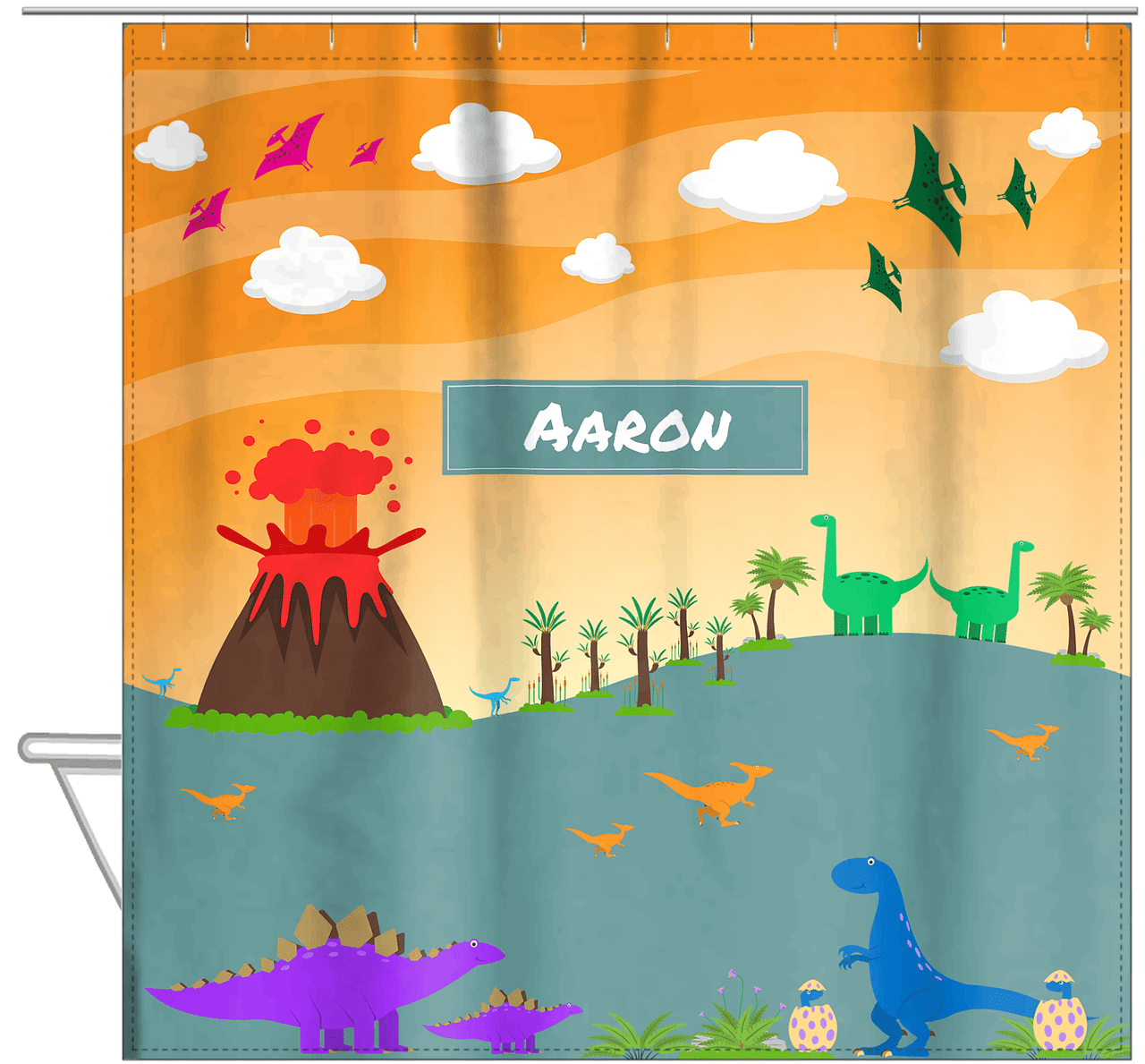Personalized Dinosaur Shower Curtain I - Orange Background - Nameplate I - Hanging View
