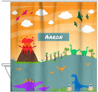Thumbnail for Personalized Dinosaur Shower Curtain I - Orange Background - Nameplate I - Hanging View