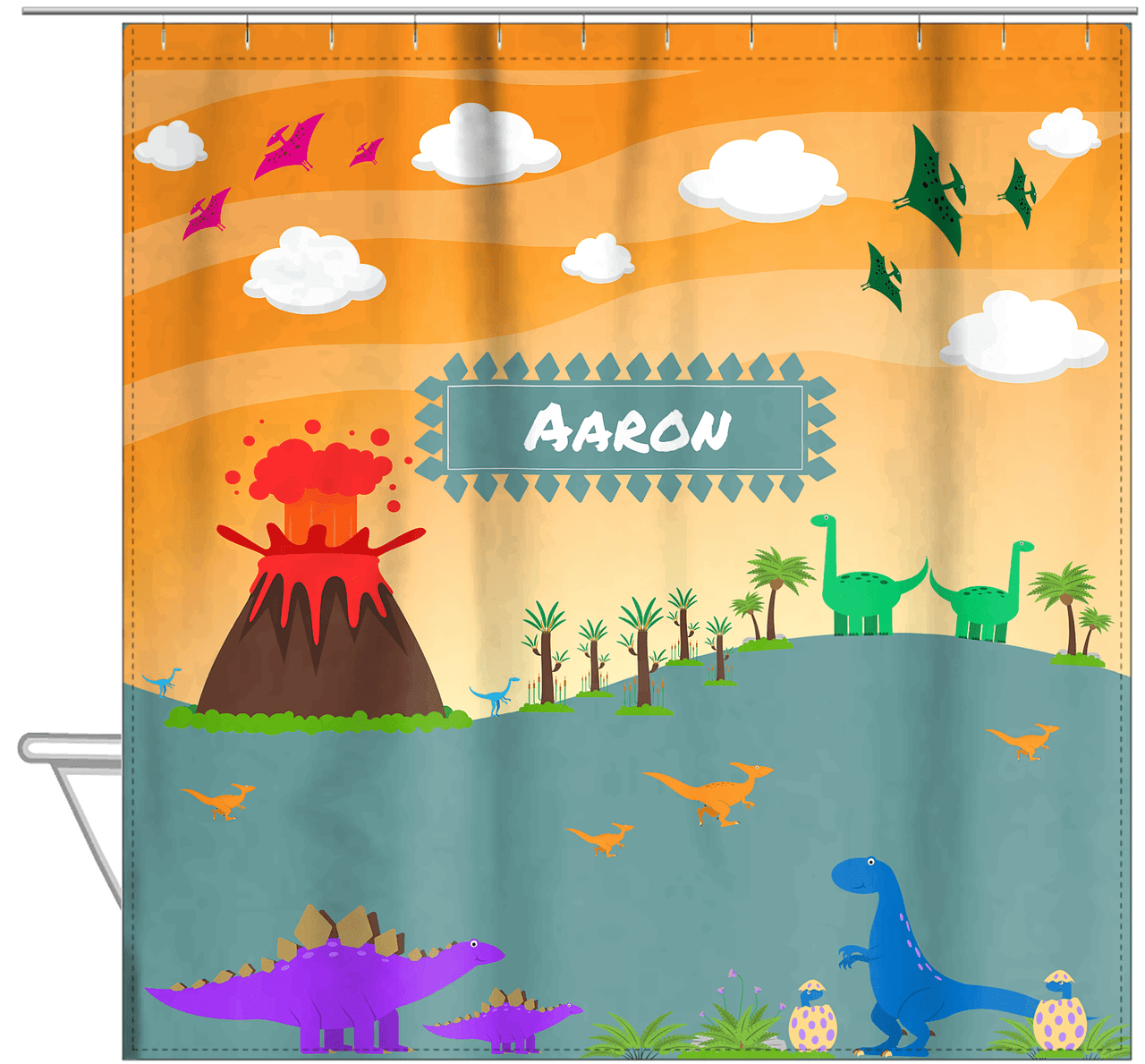 Personalized Dinosaur Shower Curtain I - Orange Background - Nameplate II - Hanging View