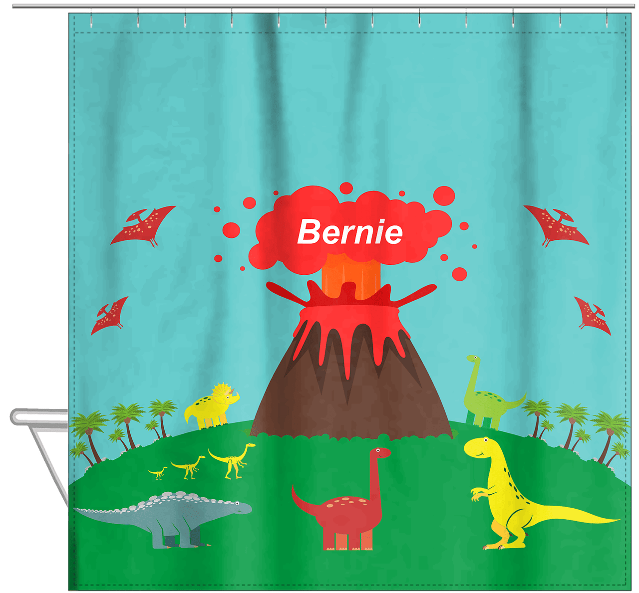Personalized Dinosaur Shower Curtain II - Teal Background - Sky Style II - Hanging View