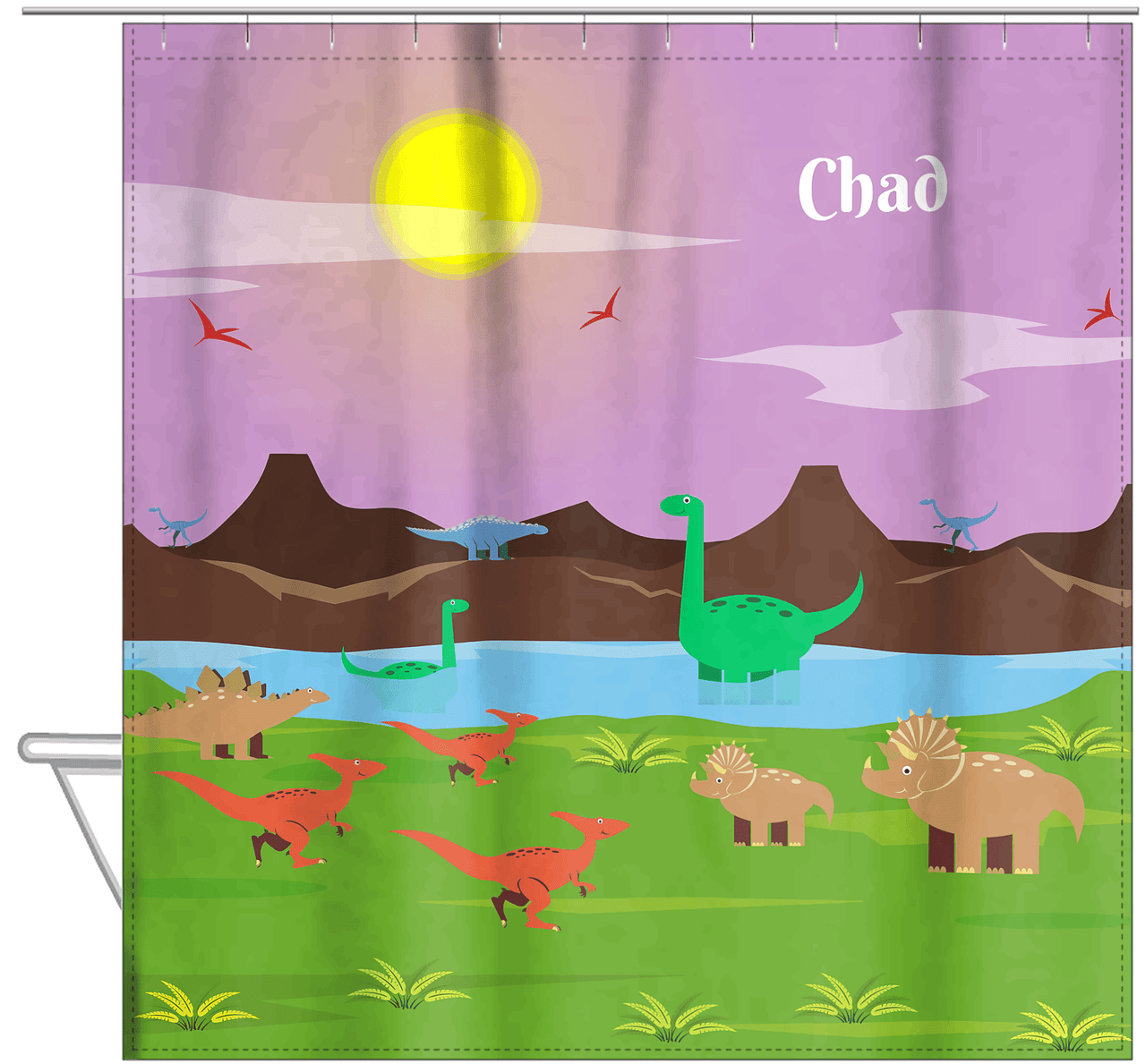 Personalized Dinosaur Shower Curtain III - Pink Background - With Sun - Hanging View