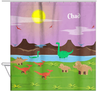 Thumbnail for Personalized Dinosaur Shower Curtain III - Pink Background - With Sun - Hanging View