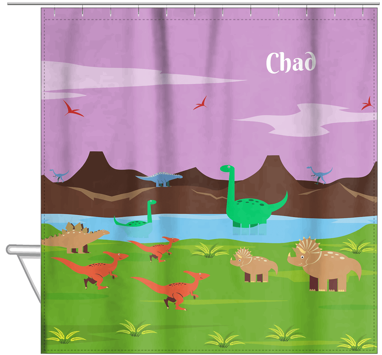 Personalized Dinosaur Shower Curtain III - Pink Background - Without Sun - Hanging View