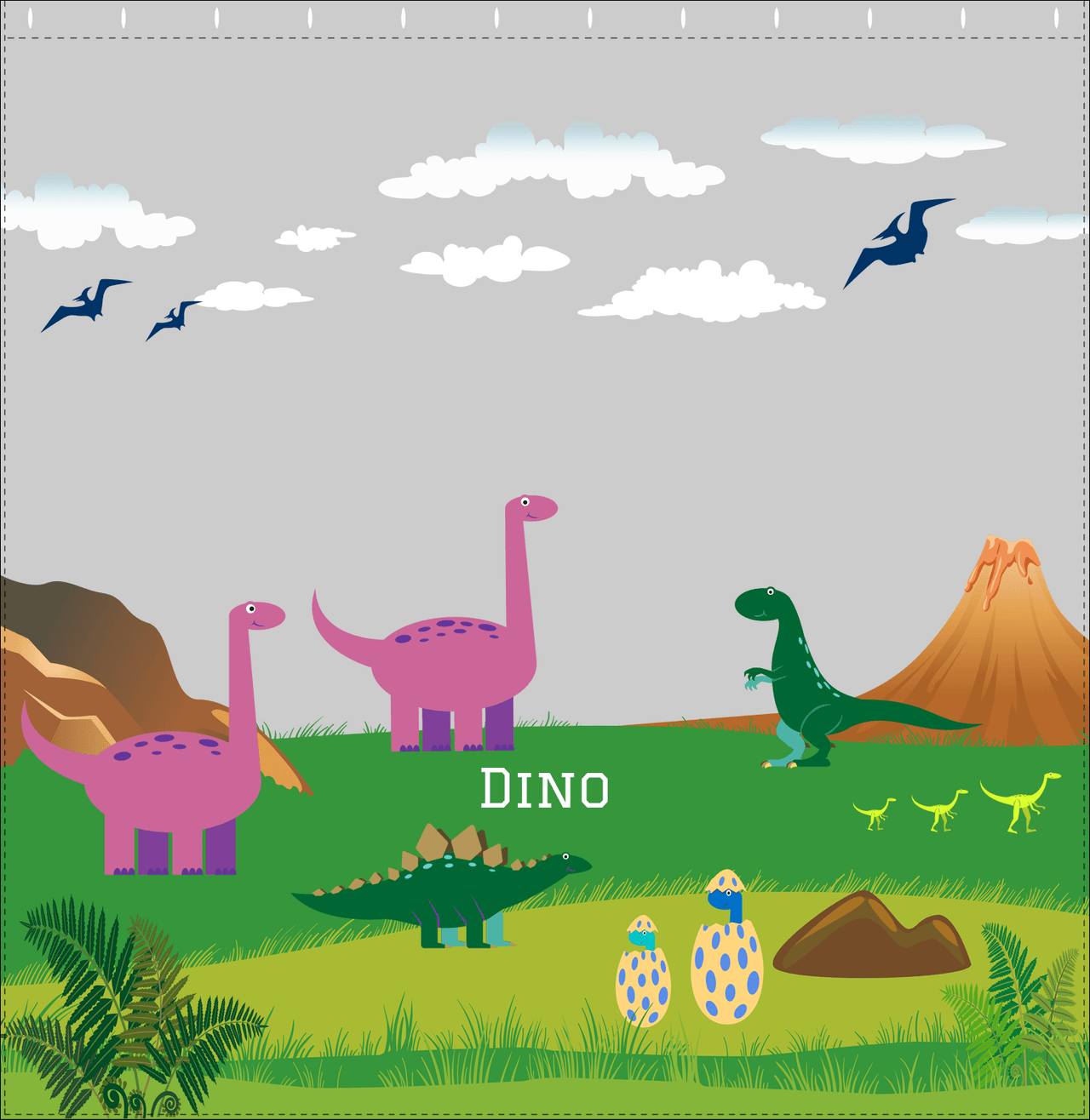 Personalized Dinosaur Shower Curtain IV - Grey Background - Dormant Volcano - Decorate View