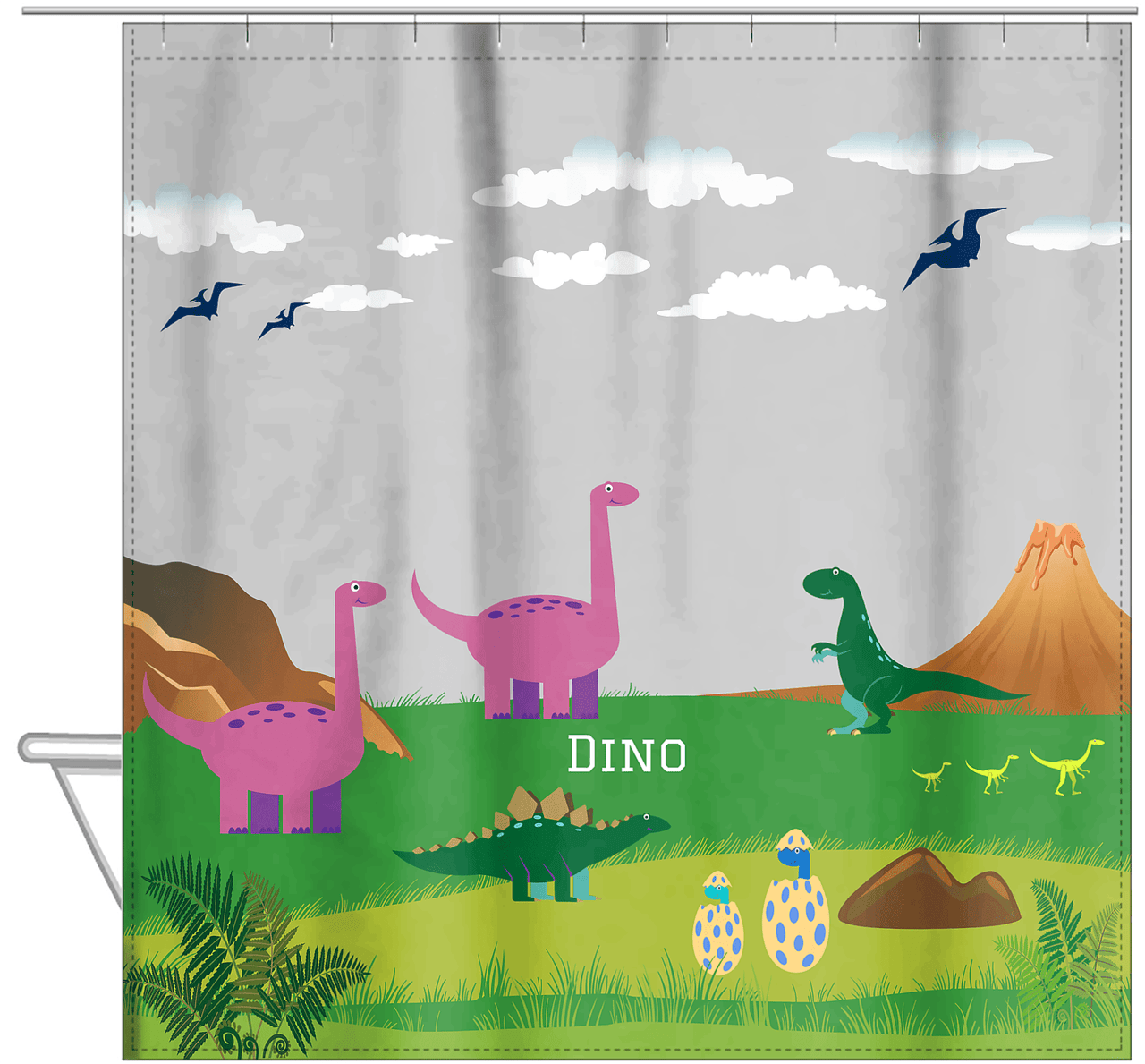 Personalized Dinosaur Shower Curtain IV - Grey Background - Dormant Volcano - Hanging View