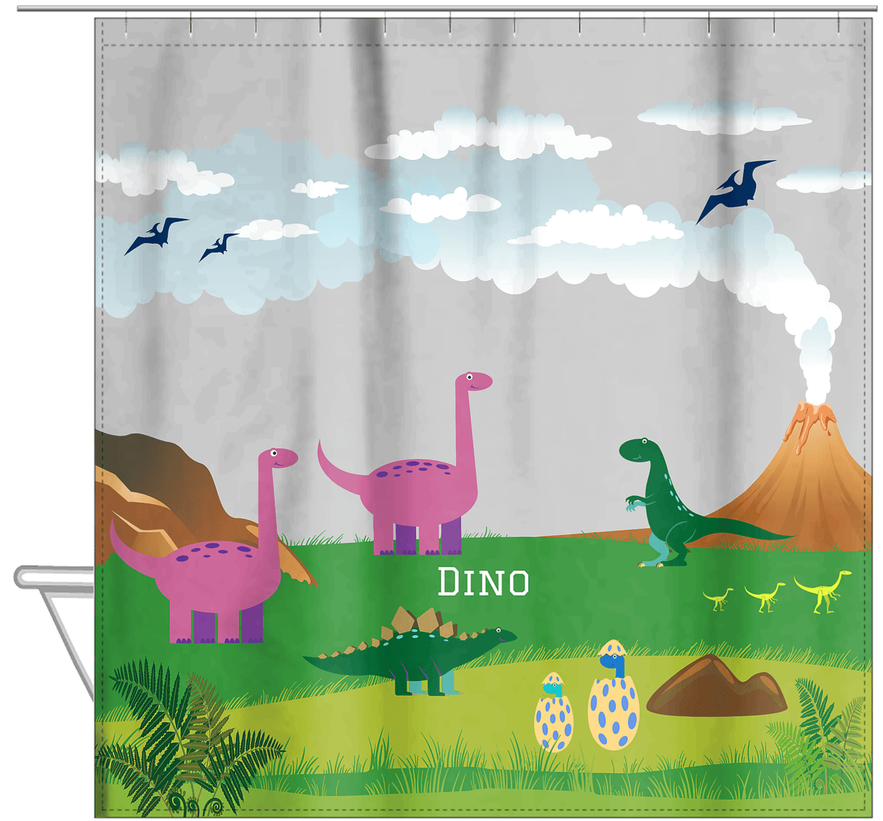 Personalized Dinosaur Shower Curtain IV - Grey Background - Active Volcano - Hanging View