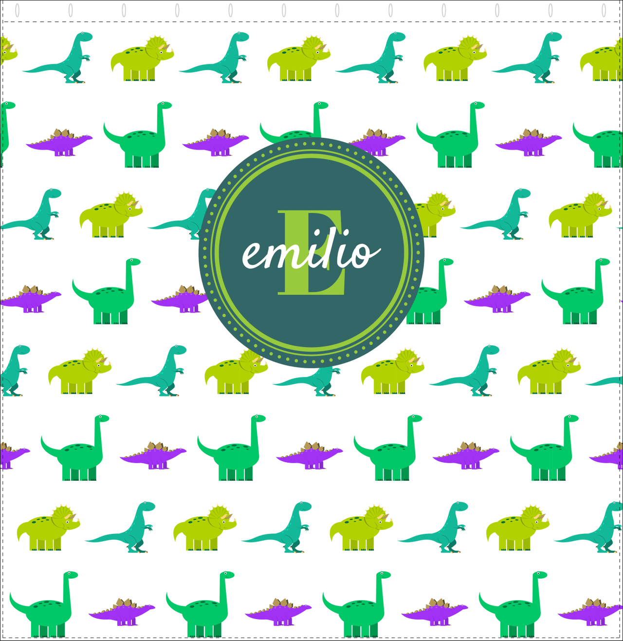Personalized Dinosaur Shower Curtain V - White Background - Circle Nameplate - Decorate View