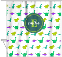 Thumbnail for Personalized Dinosaur Shower Curtain V - White Background - Circle Nameplate - Hanging View