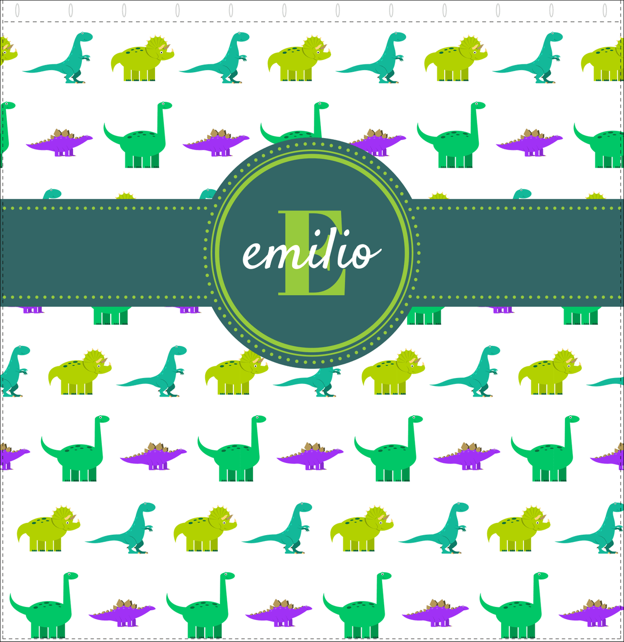 Personalized Dinosaur Shower Curtain V - White Background - Circle Ribbon Nameplate - Decorate View