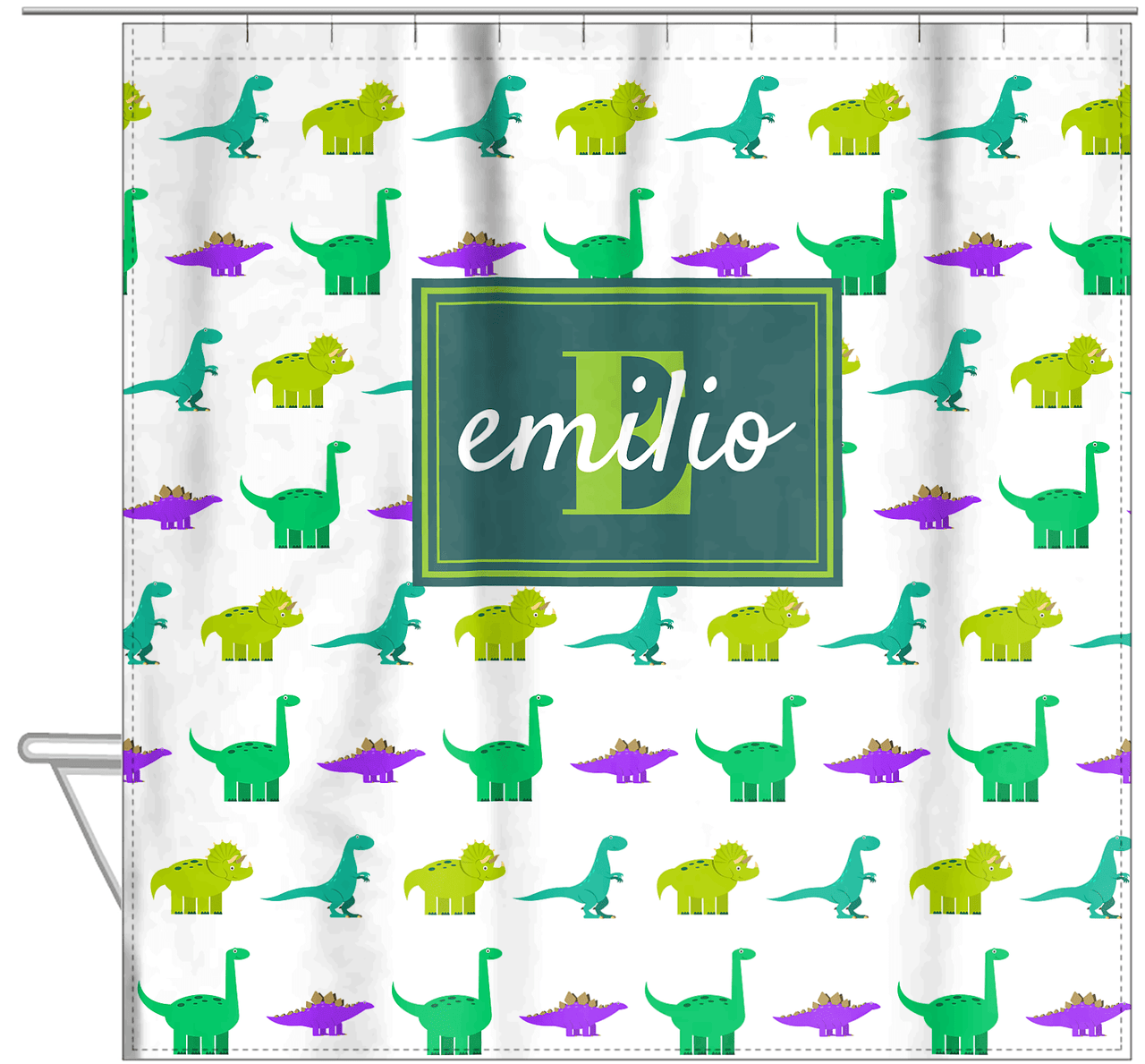 Personalized Dinosaur Shower Curtain V - White Background - Rectangle Nameplate - Hanging View