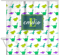 Thumbnail for Personalized Dinosaur Shower Curtain V - White Background - Rectangle Nameplate - Hanging View