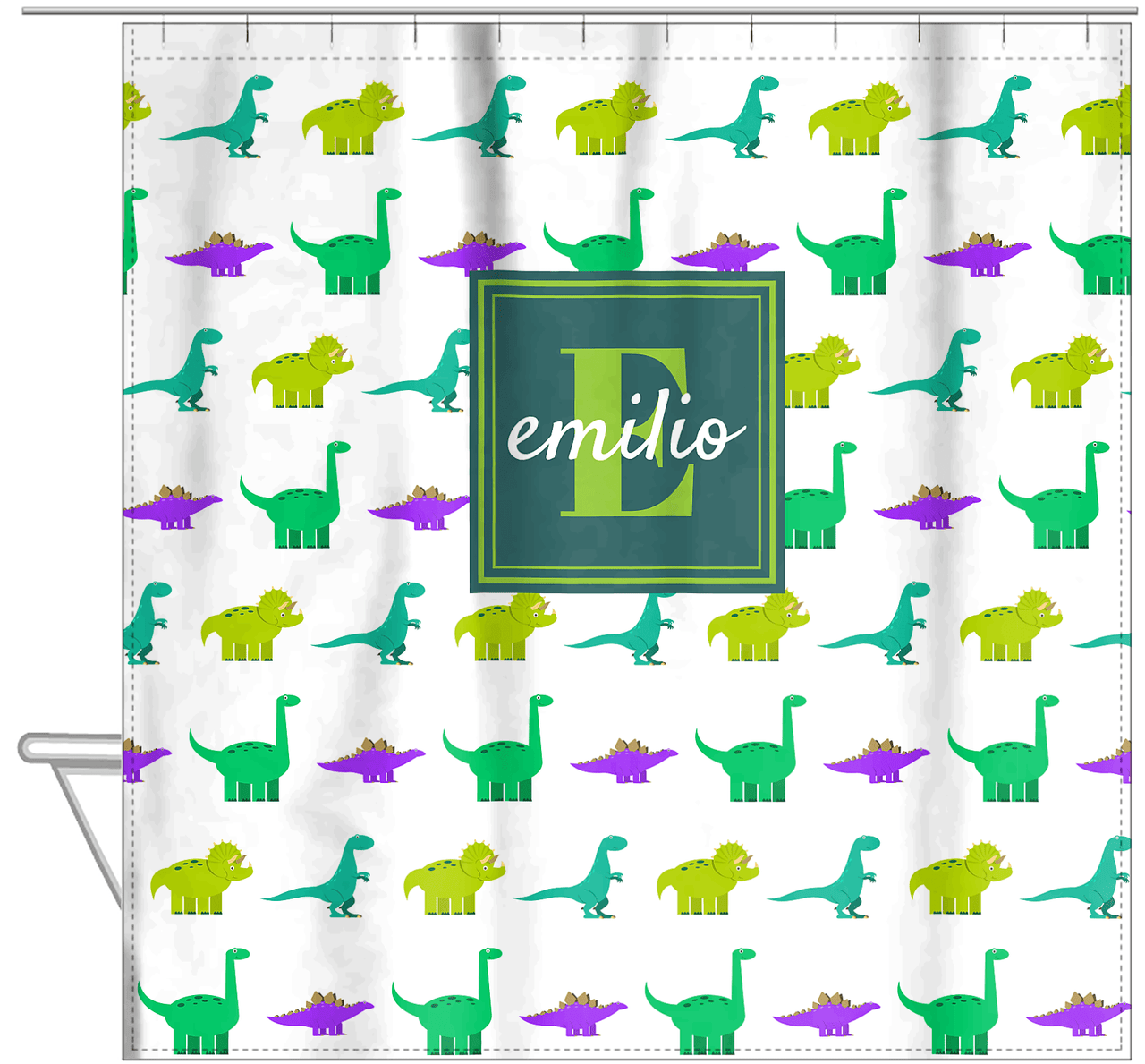 Personalized Dinosaur Shower Curtain V - White Background - Square Nameplate - Hanging View
