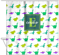 Thumbnail for Personalized Dinosaur Shower Curtain V - White Background - Square Nameplate - Hanging View