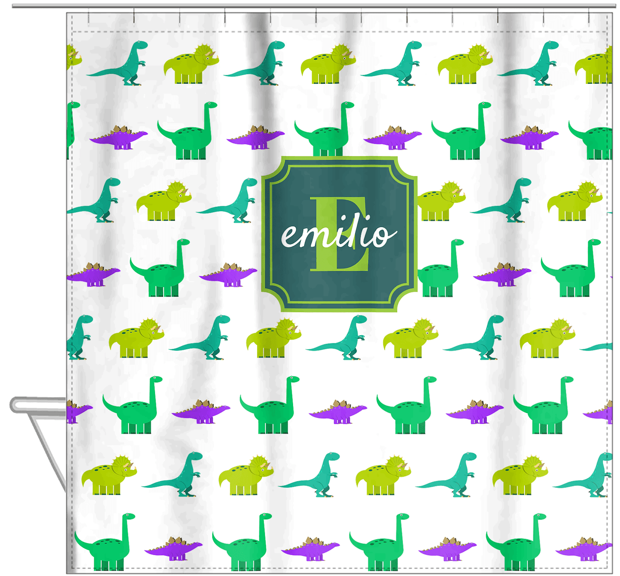 Personalized Dinosaur Shower Curtain V - White Background - Stamp Nameplate - Hanging View