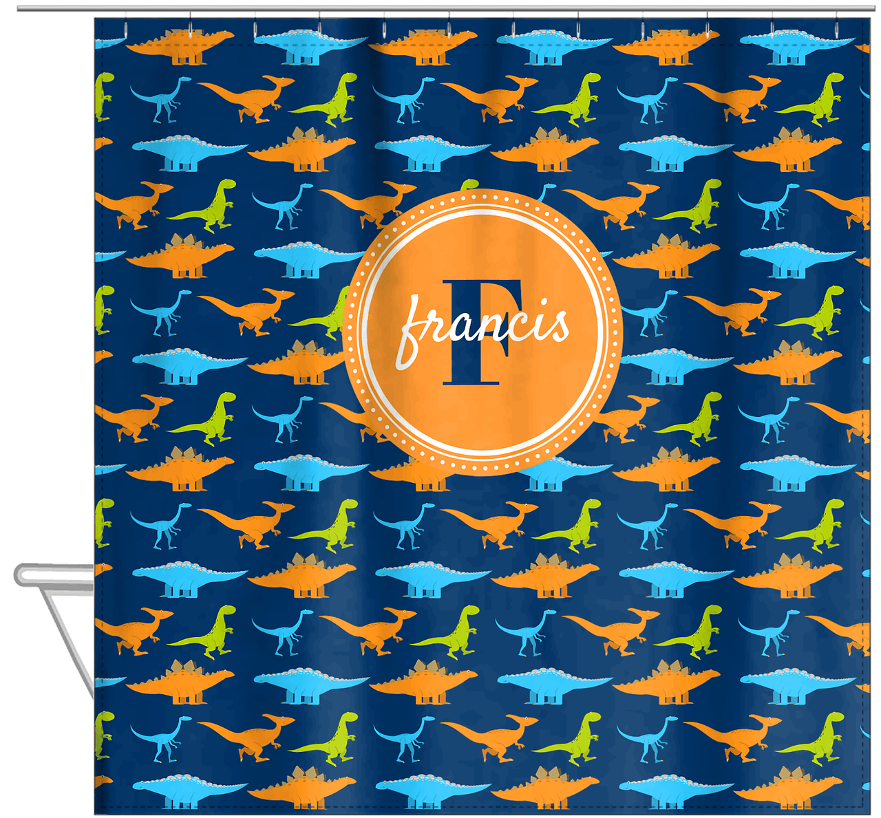 Personalized Dinosaur Shower Curtain VI - Blue Background - Circle Nameplate - Hanging View