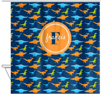 Thumbnail for Personalized Dinosaur Shower Curtain VI - Blue Background - Circle Nameplate - Hanging View