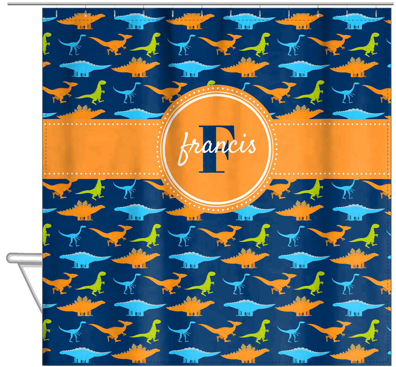 Personalized Dinosaur Shower Curtain VI - Blue Background - Circle Ribbon Nameplate - Hanging View