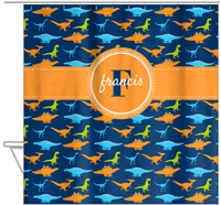 Thumbnail for Personalized Dinosaur Shower Curtain VI - Blue Background - Circle Ribbon Nameplate - Hanging View