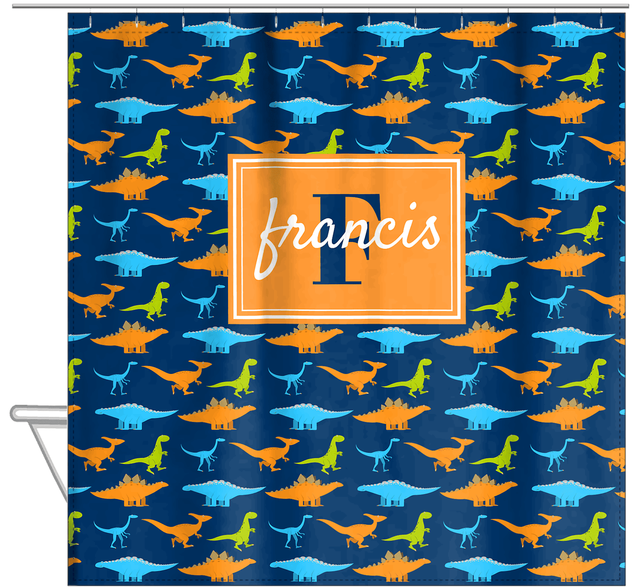 Personalized Dinosaur Shower Curtain VI - Blue Background - Rectangle Nameplate - Hanging View