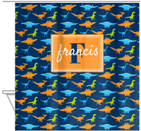 Thumbnail for Personalized Dinosaur Shower Curtain VI - Blue Background - Rectangle Nameplate - Hanging View
