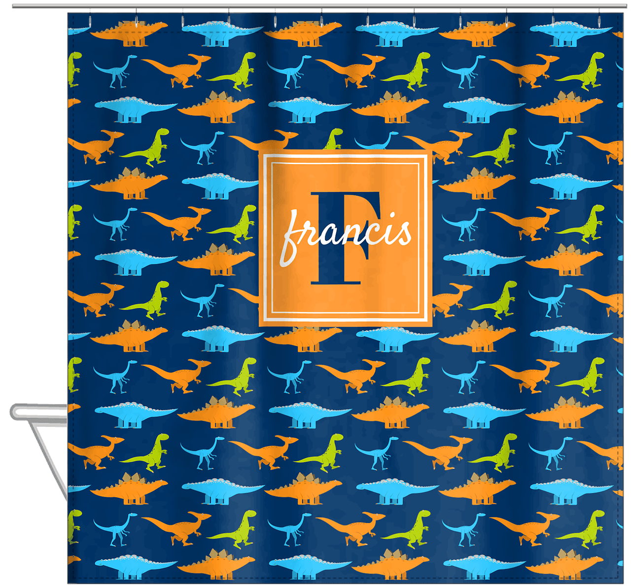 Personalized Dinosaur Shower Curtain VI - Blue Background - Square Nameplate - Hanging View