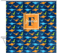 Thumbnail for Personalized Dinosaur Shower Curtain VI - Blue Background - Square Nameplate - Hanging View
