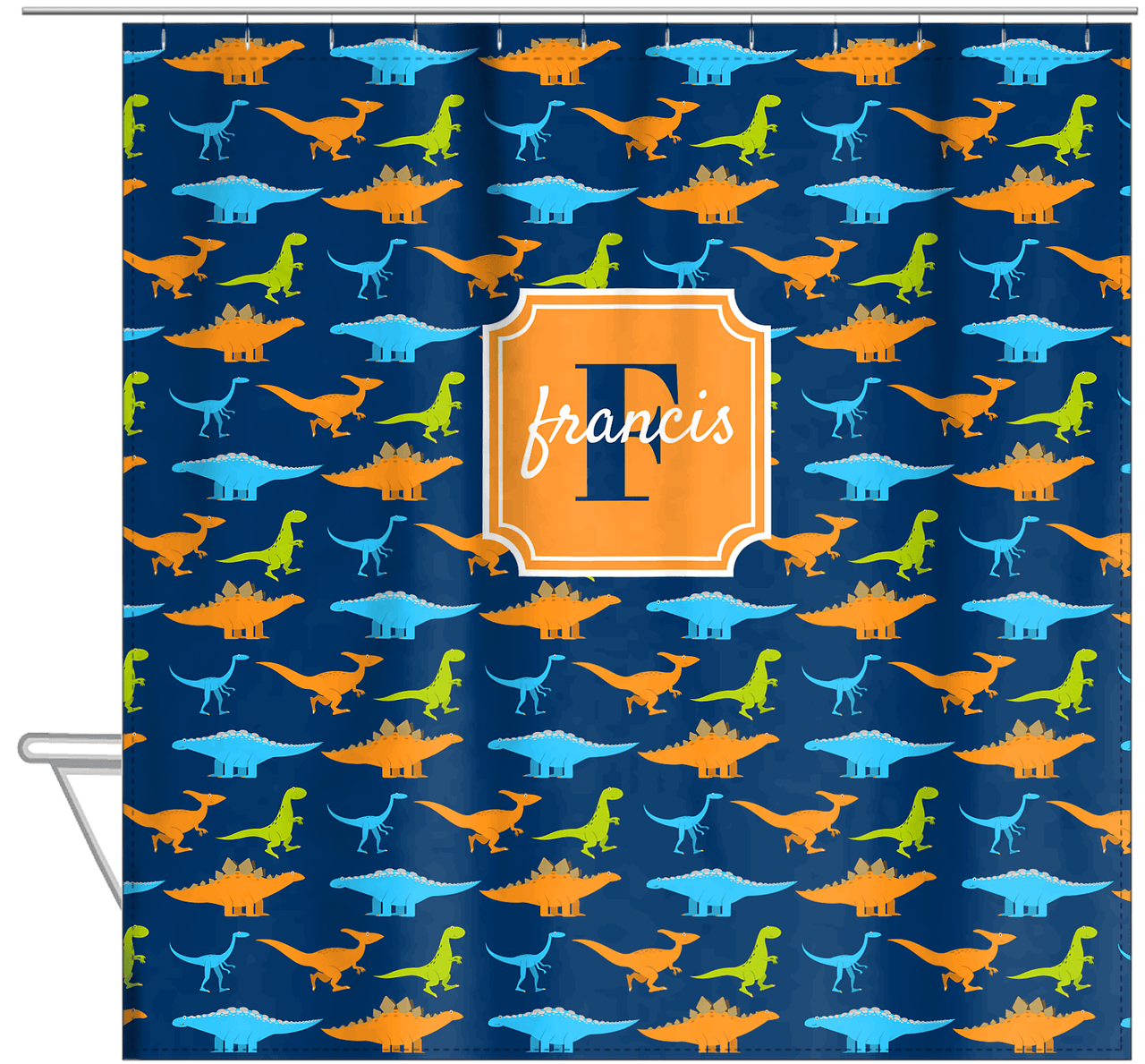 Personalized Dinosaur Shower Curtain VI - Blue Background - Stamp Nameplate - Hanging View