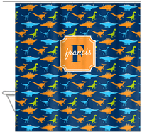 Thumbnail for Personalized Dinosaur Shower Curtain VI - Blue Background - Stamp Nameplate - Hanging View