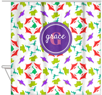 Thumbnail for Personalized Dinosaur Shower Curtain VII - White Background - Circle Nameplate - Hanging View