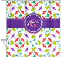 Thumbnail for Personalized Dinosaur Shower Curtain VII - White Background - Circle Ribbon Nameplate - Hanging View