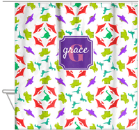 Thumbnail for Personalized Dinosaur Shower Curtain VII - White Background - Stamp Nameplate - Hanging View