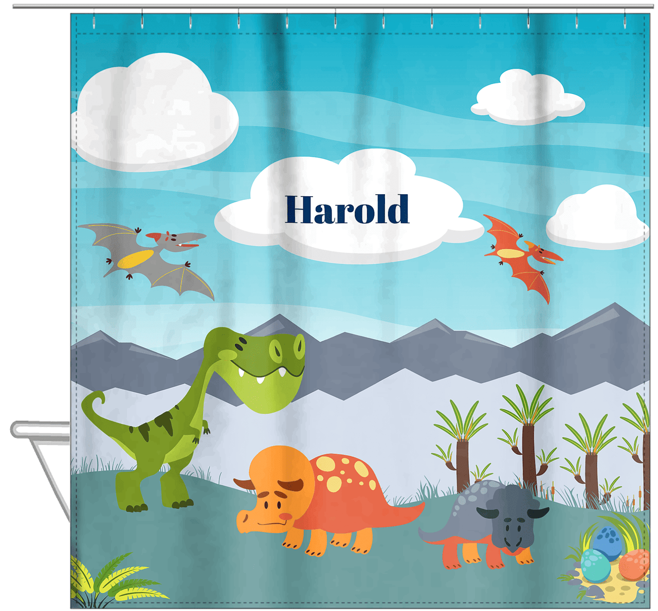 Personalized Dinosaur Shower Curtain VIII - Blue Background - Cloudy Day - Hanging View