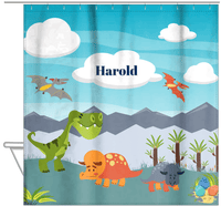 Thumbnail for Personalized Dinosaur Shower Curtain VIII - Blue Background - Cloudy Day - Hanging View
