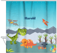 Thumbnail for Personalized Dinosaur Shower Curtain VIII - Blue Background - Clear Skies - Hanging View