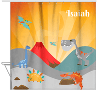 Thumbnail for Personalized Dinosaur Shower Curtain IX - Orange Background - With Volcano - Hanging View