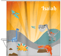 Thumbnail for Personalized Dinosaur Shower Curtain IX - Orange Background - Without Volcano - Hanging View