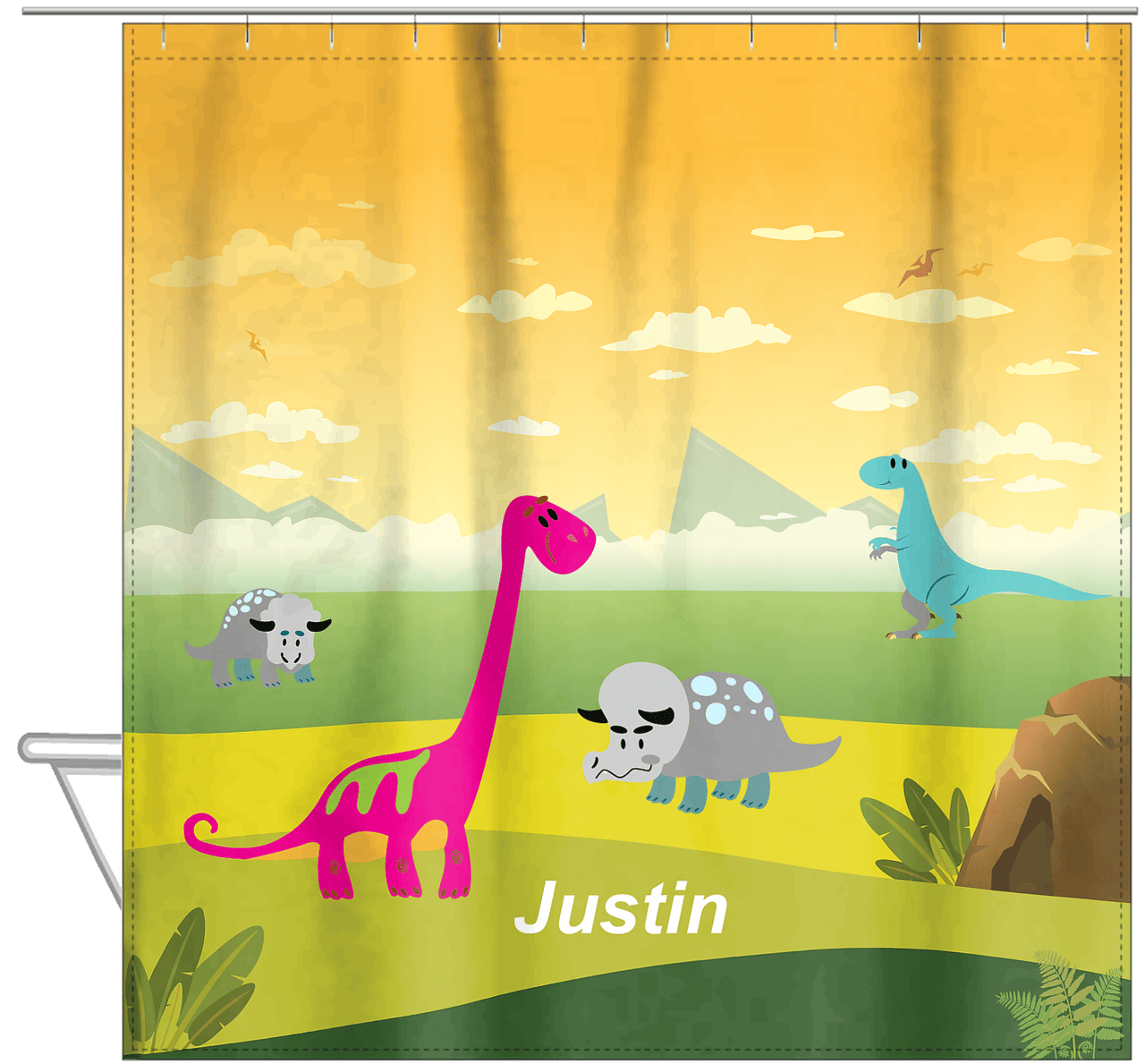Personalized Dinosaur Shower Curtain X - Green Background - With Rock - Hanging View