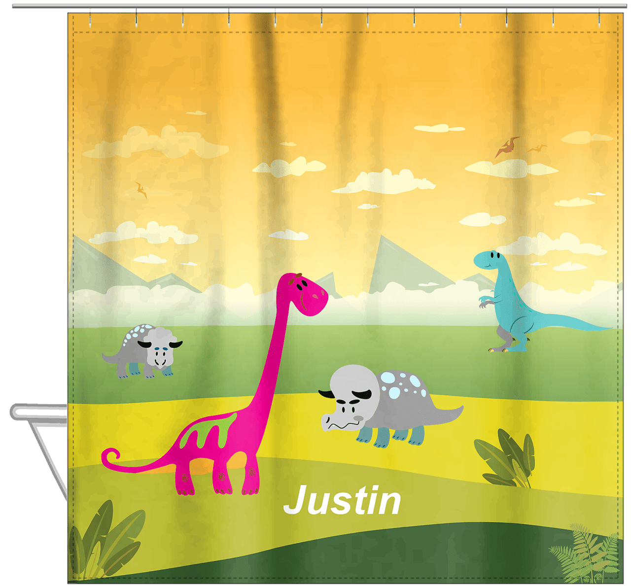 Personalized Dinosaur Shower Curtain X - Green Background - Without Rock - Hanging View