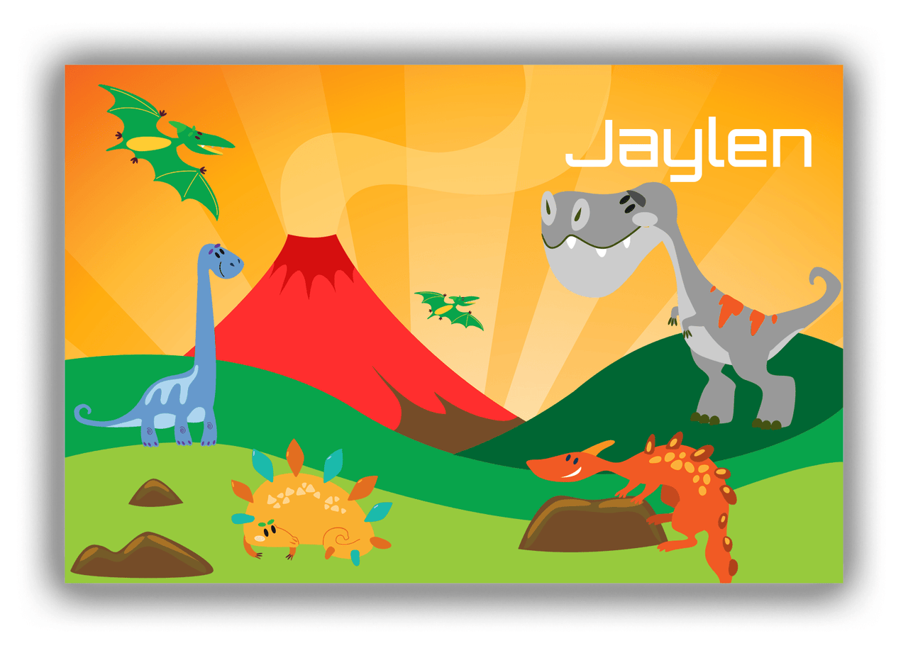 Personalized Dinosaur Canvas Wrap & Photo Print IX - Green Grass with Volcano - Front View