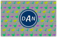 Thumbnail for Personalized Dinosaur Placemat - Dinosaur V - Dark Grey With Navy Circle Nameplate -  View