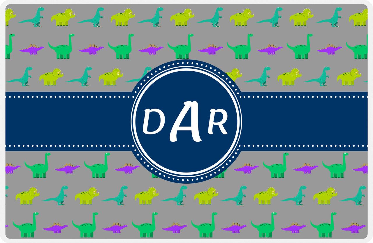 Personalized Dinosaur Placemat - Dinosaur V - Dark Grey With Navy Circle Ribbon Nameplate -  View