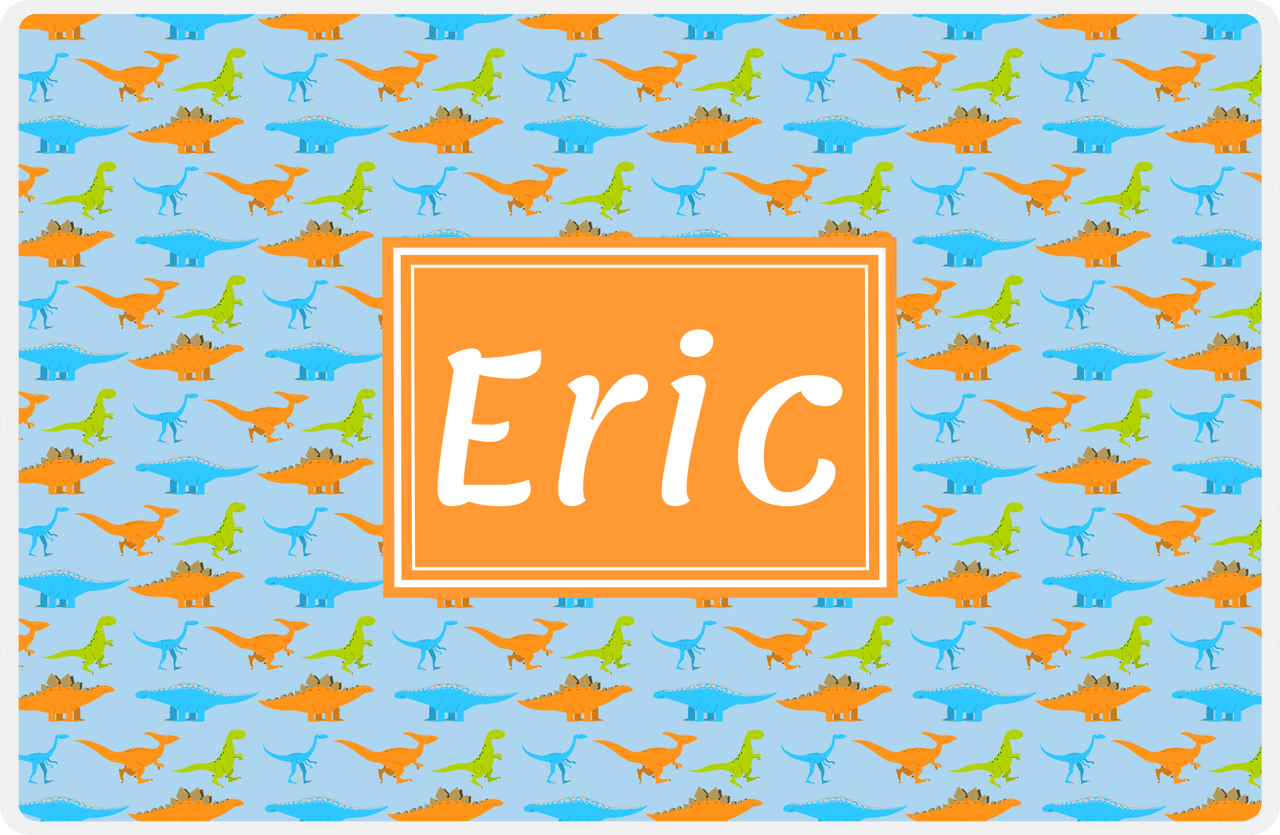 Personalized Dinosaur Placemat - Dinosaur VI - Blue with Orange Rectangle Nameplate -  View