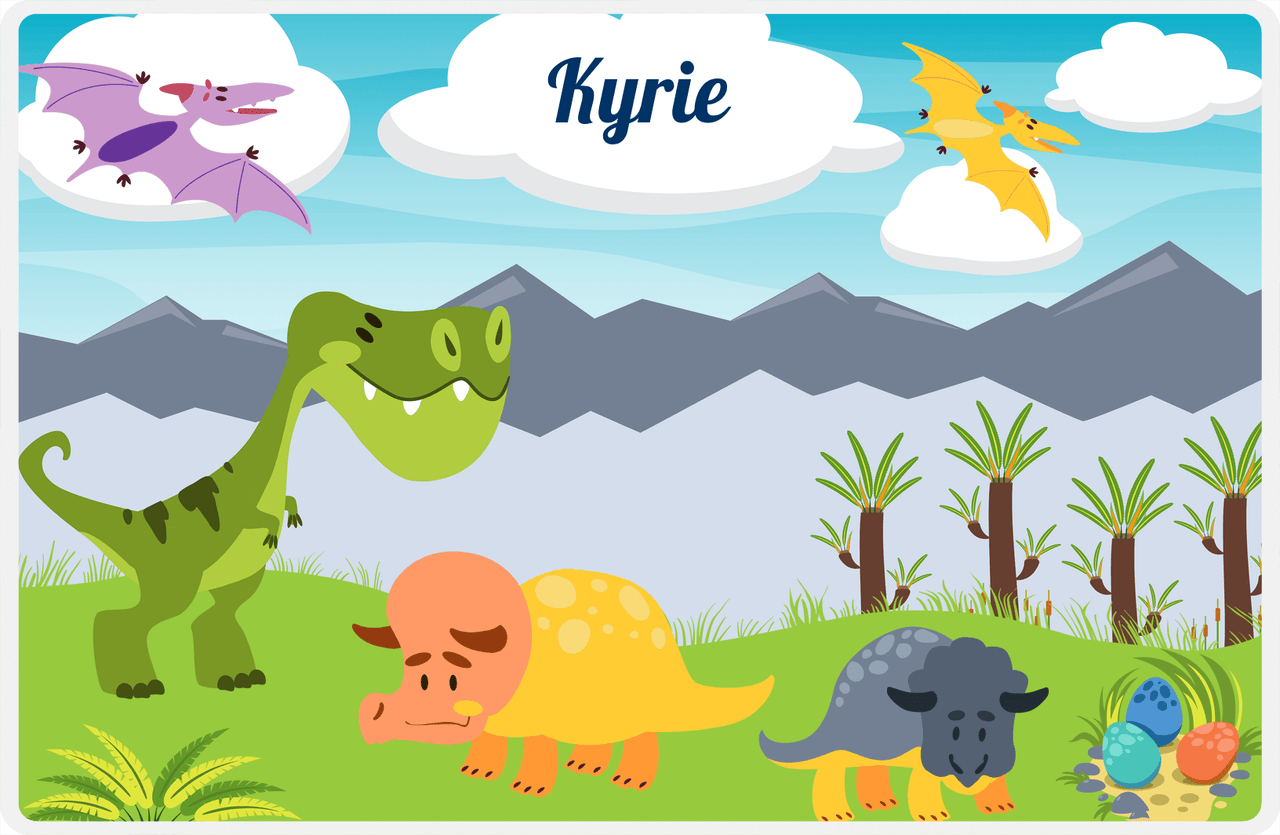 Personalized Dinosaur Placemat - Dinosaur VIII - Lime Grass with Cloudy Sky -  View
