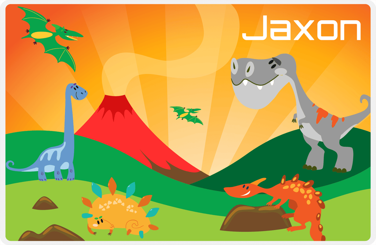 Personalized Dinosaur Placemat - Dinosaur IX - Green Grass with Volcano -  View