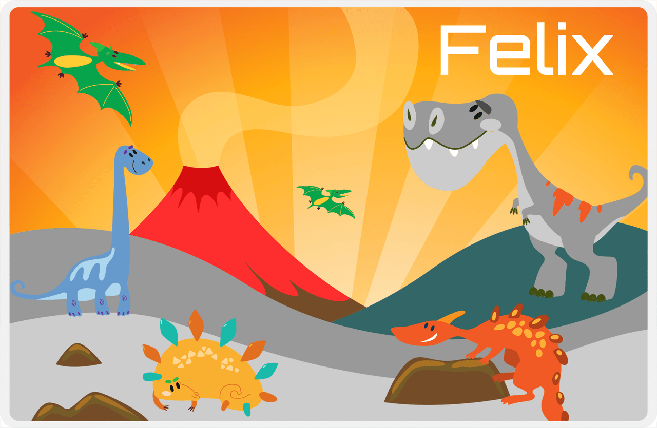 Personalized Dinosaur Placemat - Dinosaur IX - Grey Grass with Volcano -  View